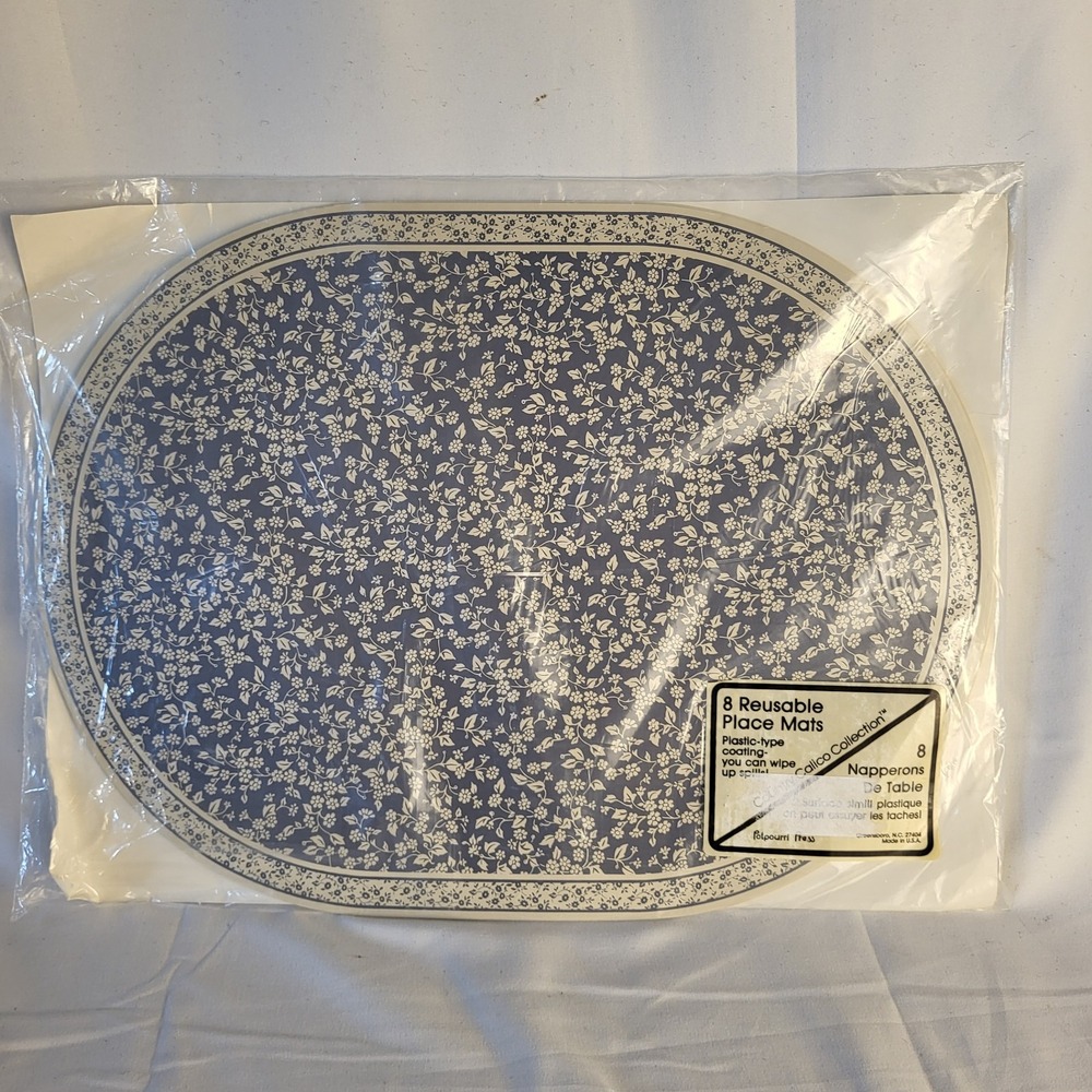 Vtg New Potpourri Press Country Calico 8 Pack Placemats Blue White Grannycore